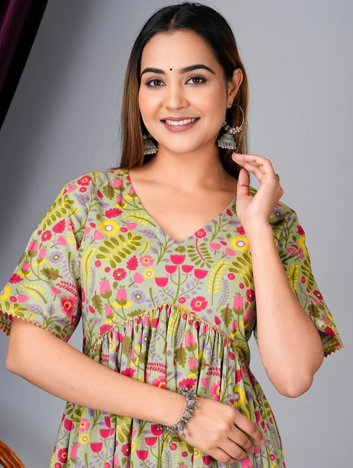 The 'Spring Garden' Gathered Kurta Set – Cotton Lounge Wear