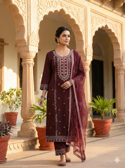 Maroon 3-Piece Embroidered Kurta Set with Pant & Dupatta
