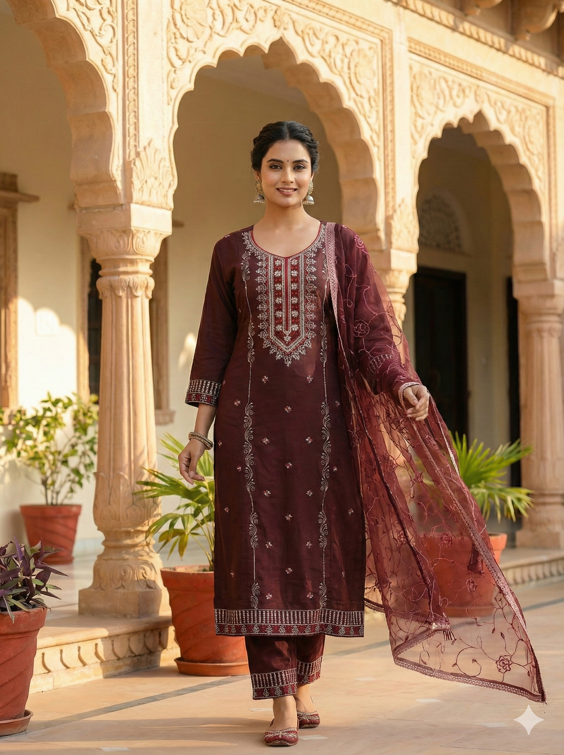 Maroon 3-Piece Embroidered Kurta Set with Pant & Dupatta