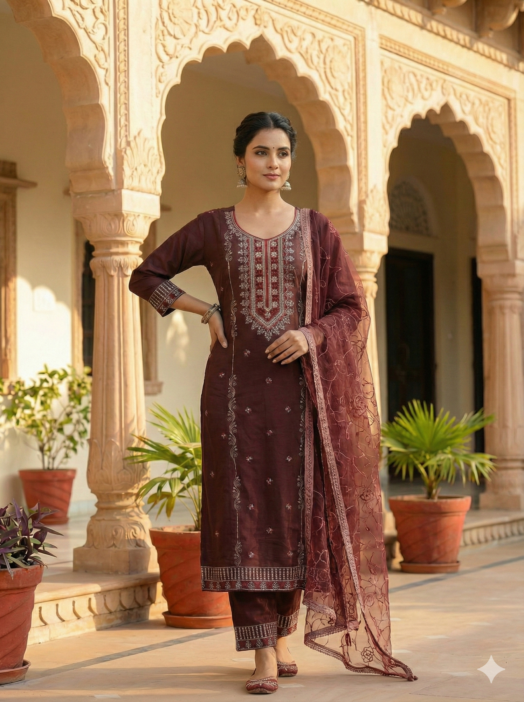 Maroon 3-Piece Embroidered Kurta Set with Pant & Dupatta