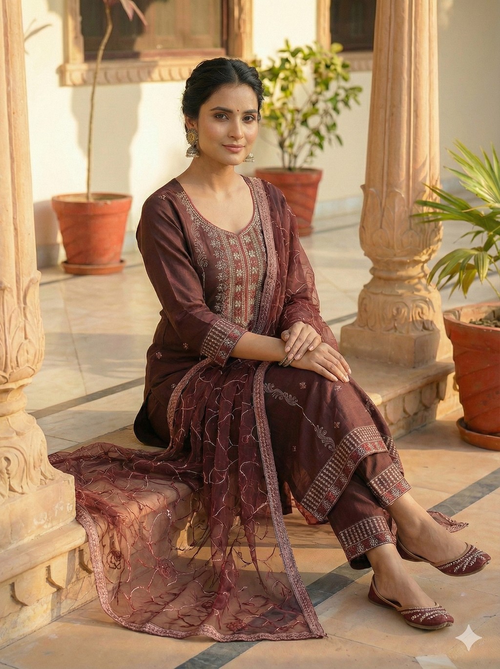 Maroon 3-Piece Embroidered Kurta Set with Pant & Dupatta