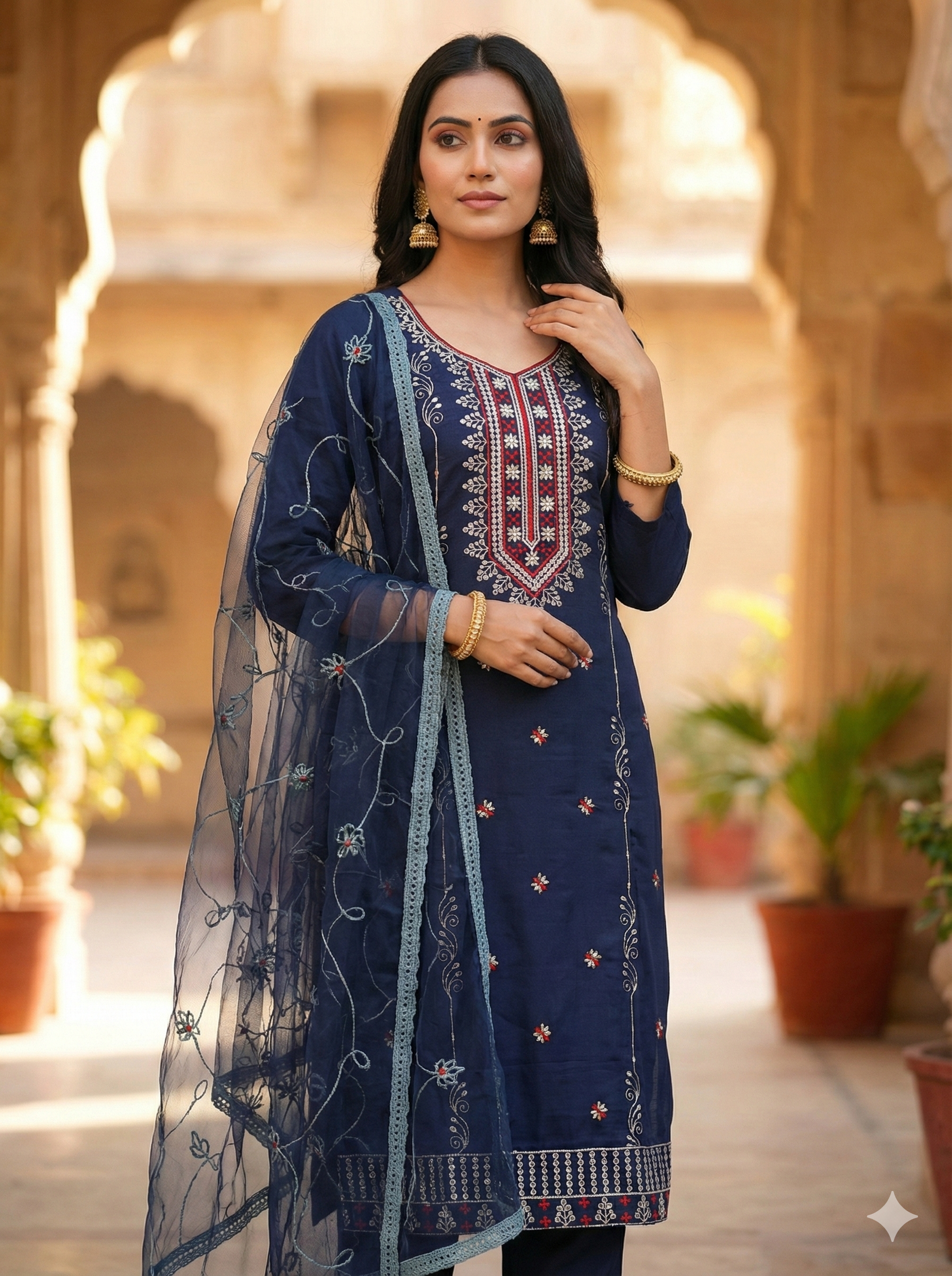 Navy Blue 3-Piece Embroidered Kurta Set with Pant & Dupatta