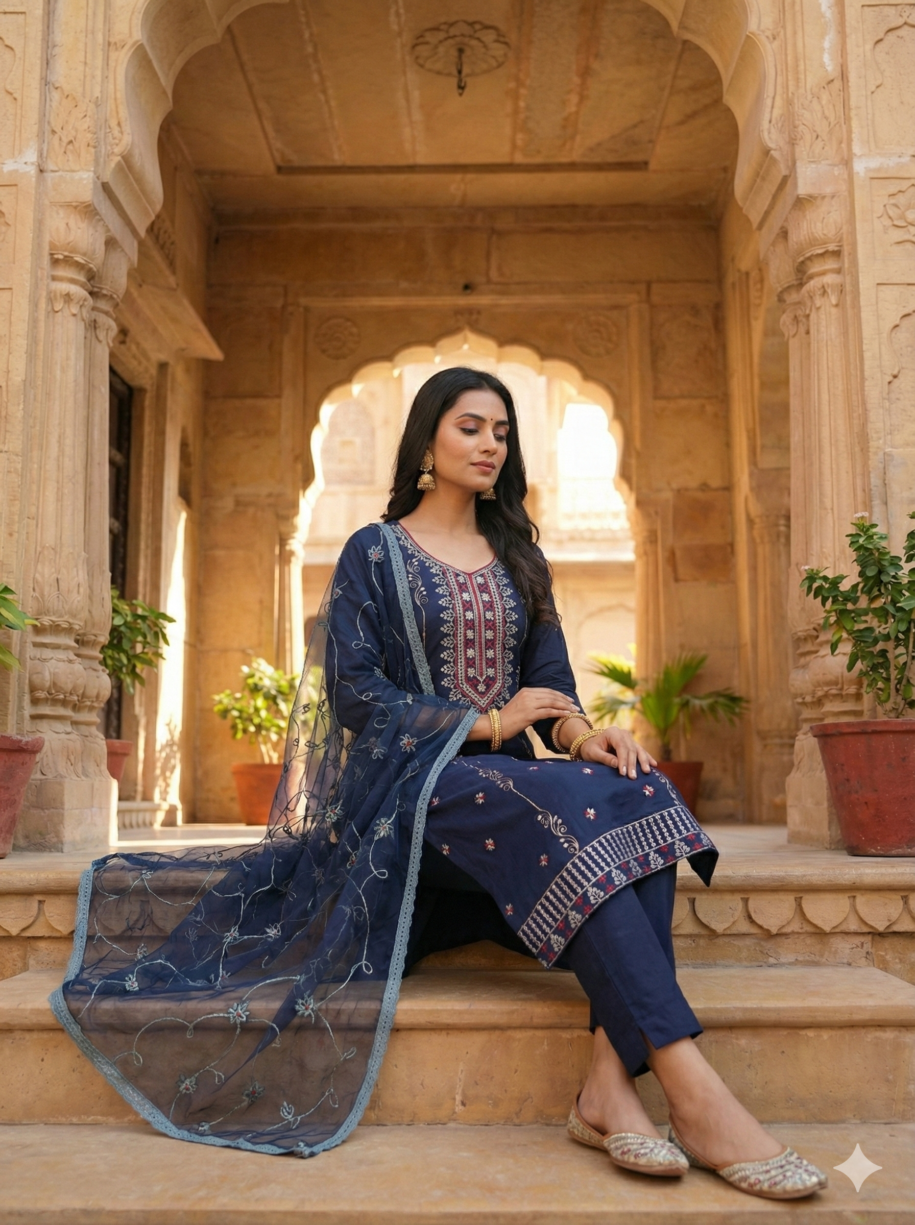 Navy Blue 3-Piece Embroidered Kurta Set with Pant & Dupatta