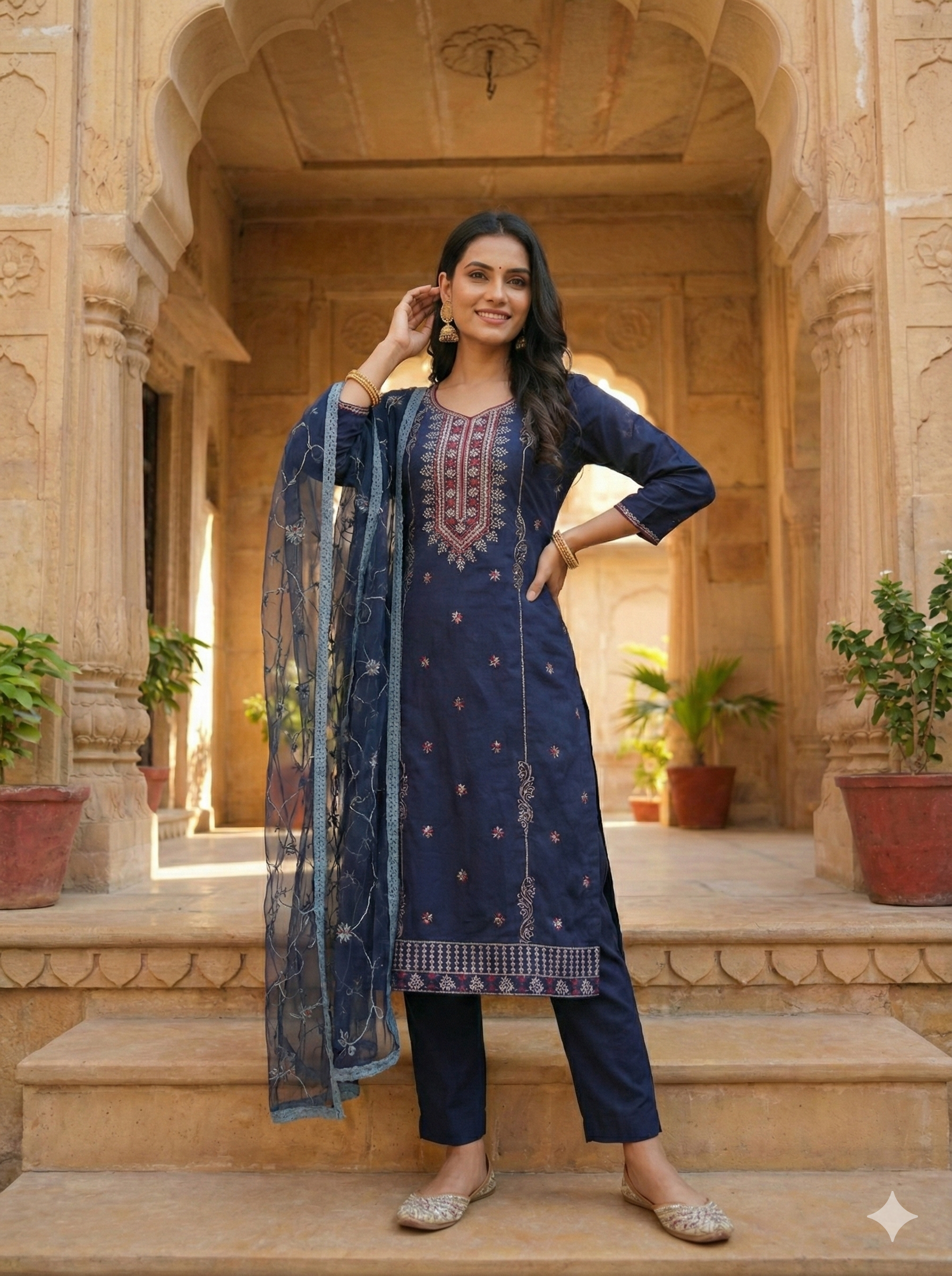 Navy Blue 3-Piece Embroidered Kurta Set with Pant & Dupatta