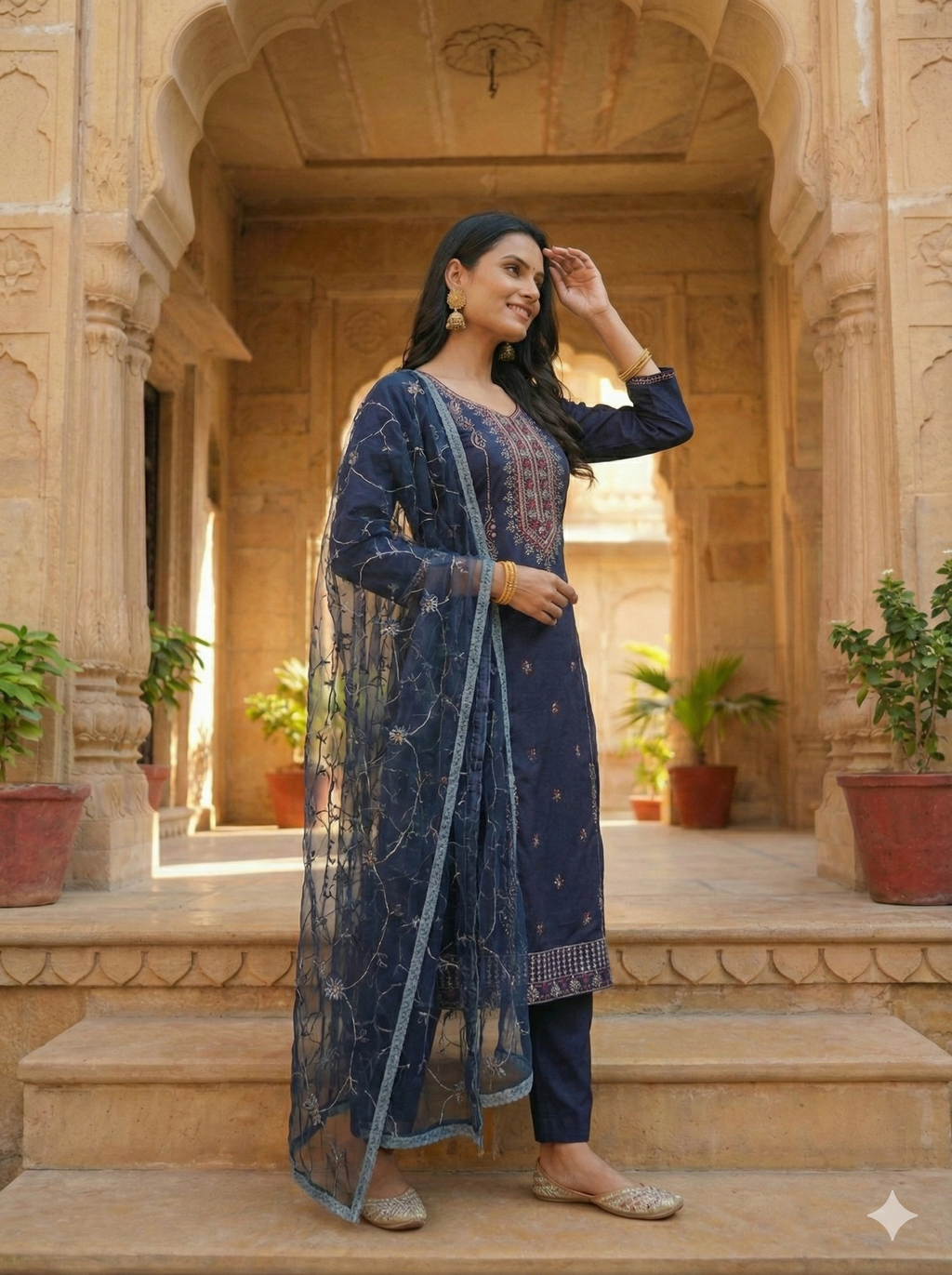 Navy Blue 3-Piece Embroidered Kurta Set with Pant & Dupatta