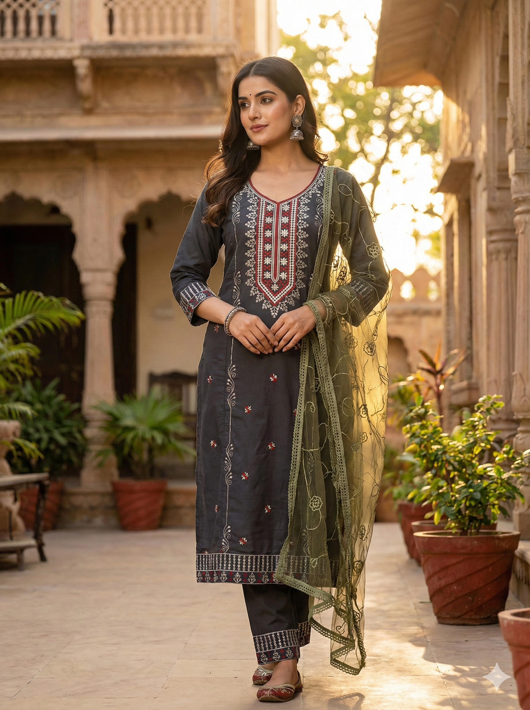 Gray 3-Piece Embroidered Kurta Set with Pant & Dupatta