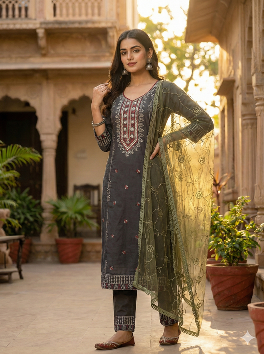 Gray 3-Piece Embroidered Kurta Set with Pant & Dupatta
