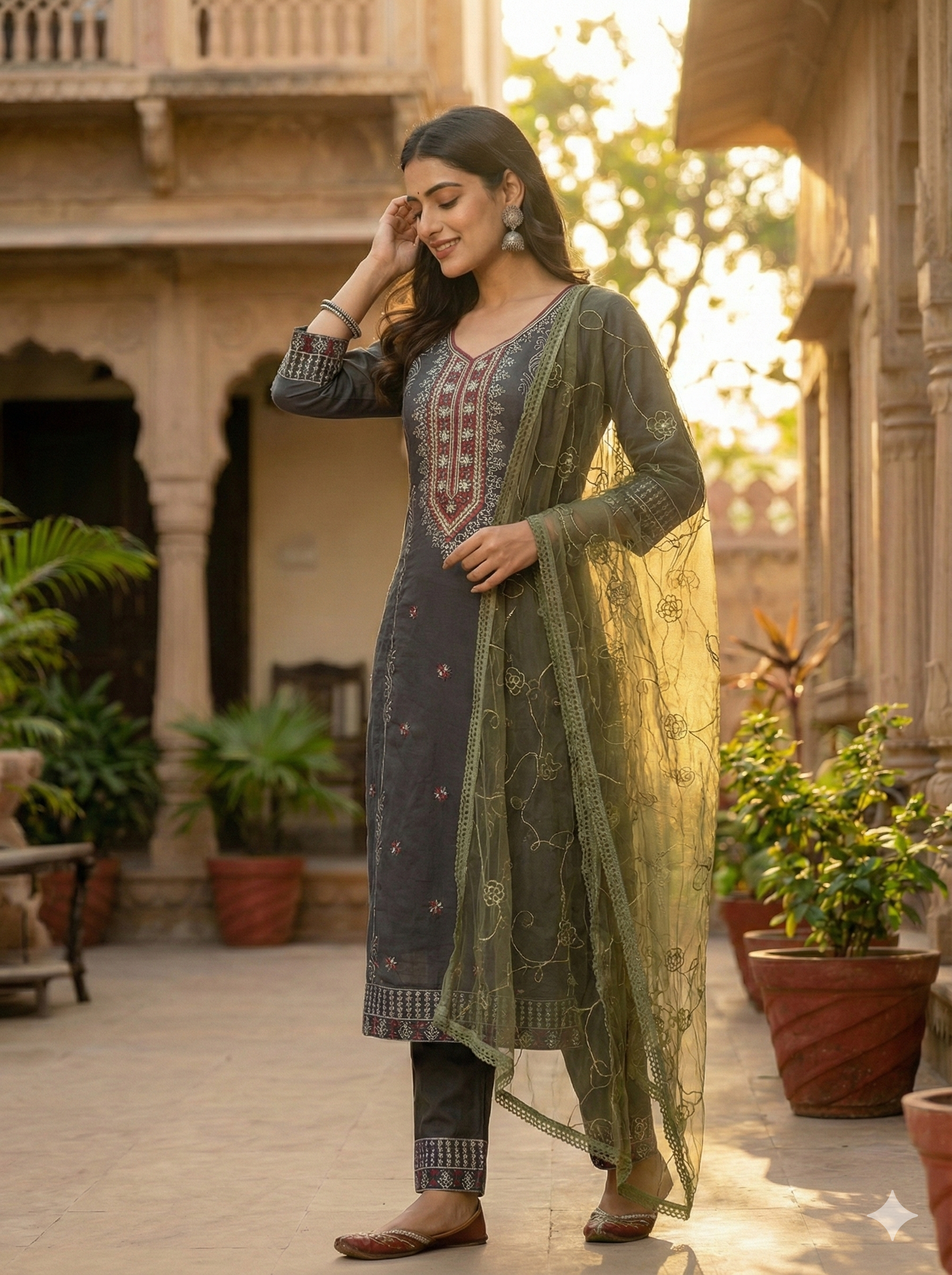 Gray 3-Piece Embroidered Kurta Set with Pant & Dupatta