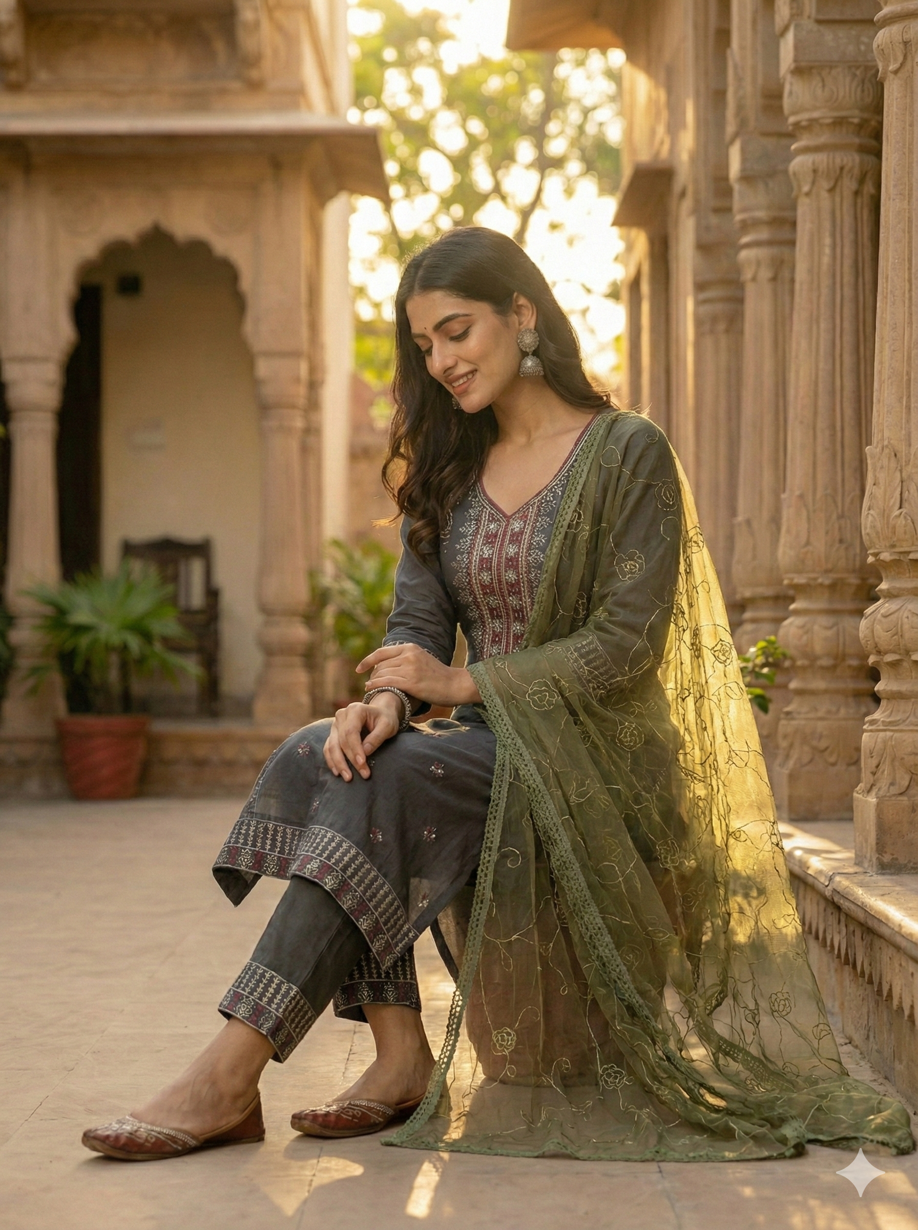 Gray 3-Piece Embroidered Kurta Set with Pant & Dupatta