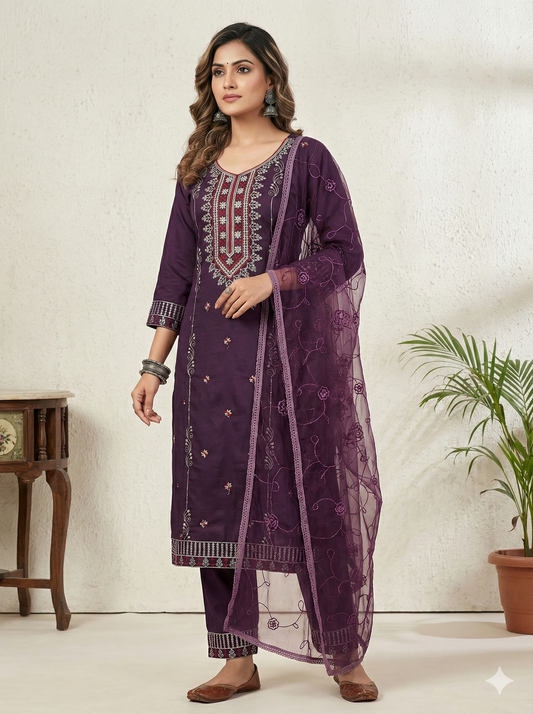 Purple 3-Piece Embroidered Kurta Set with Pant & Dupatta