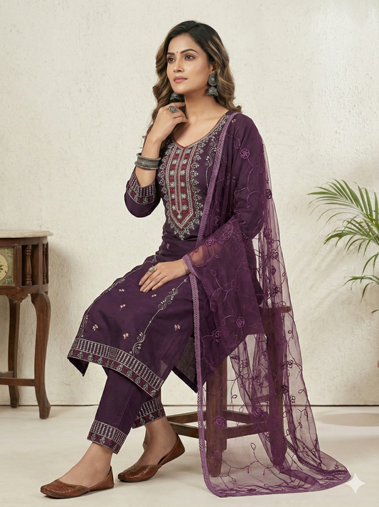 Purple 3-Piece Embroidered Kurta Set with Pant & Dupatta