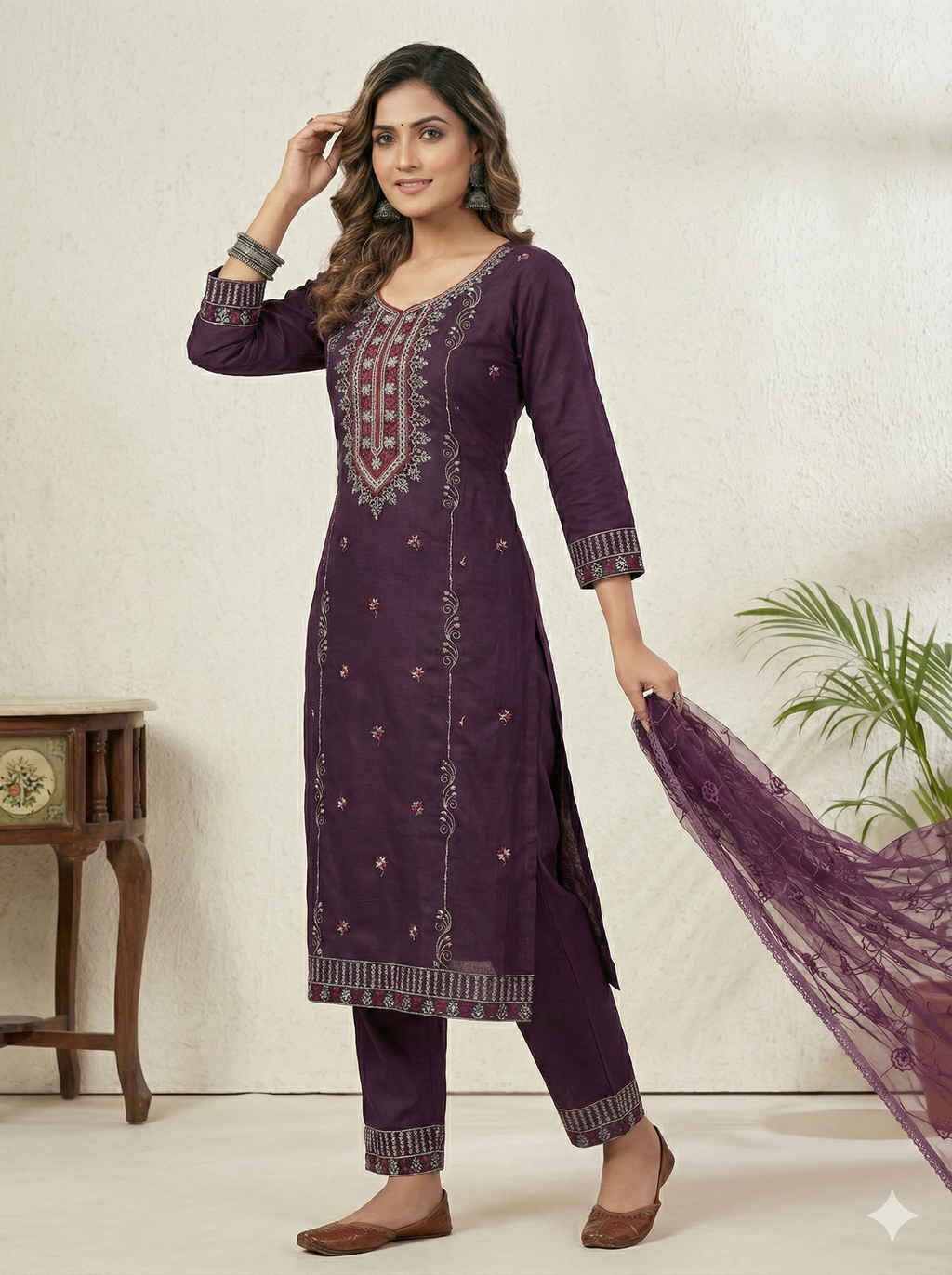 Purple 3-Piece Embroidered Kurta Set with Pant & Dupatta