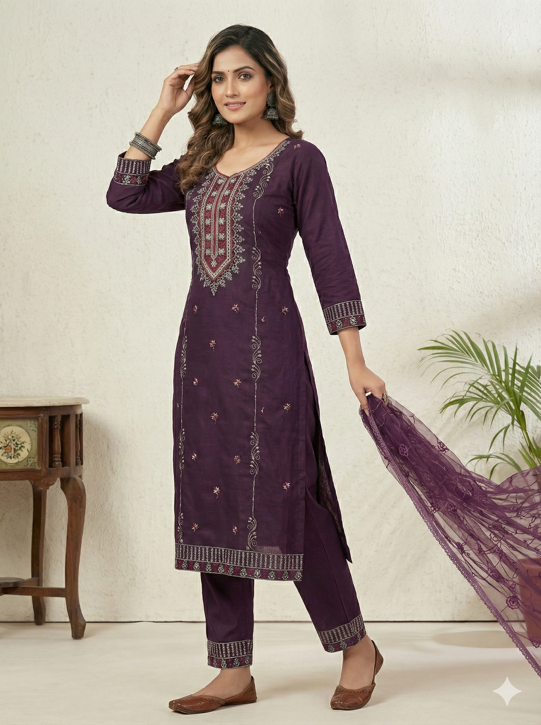Purple 3-Piece Embroidered Kurta Set with Pant & Dupatta