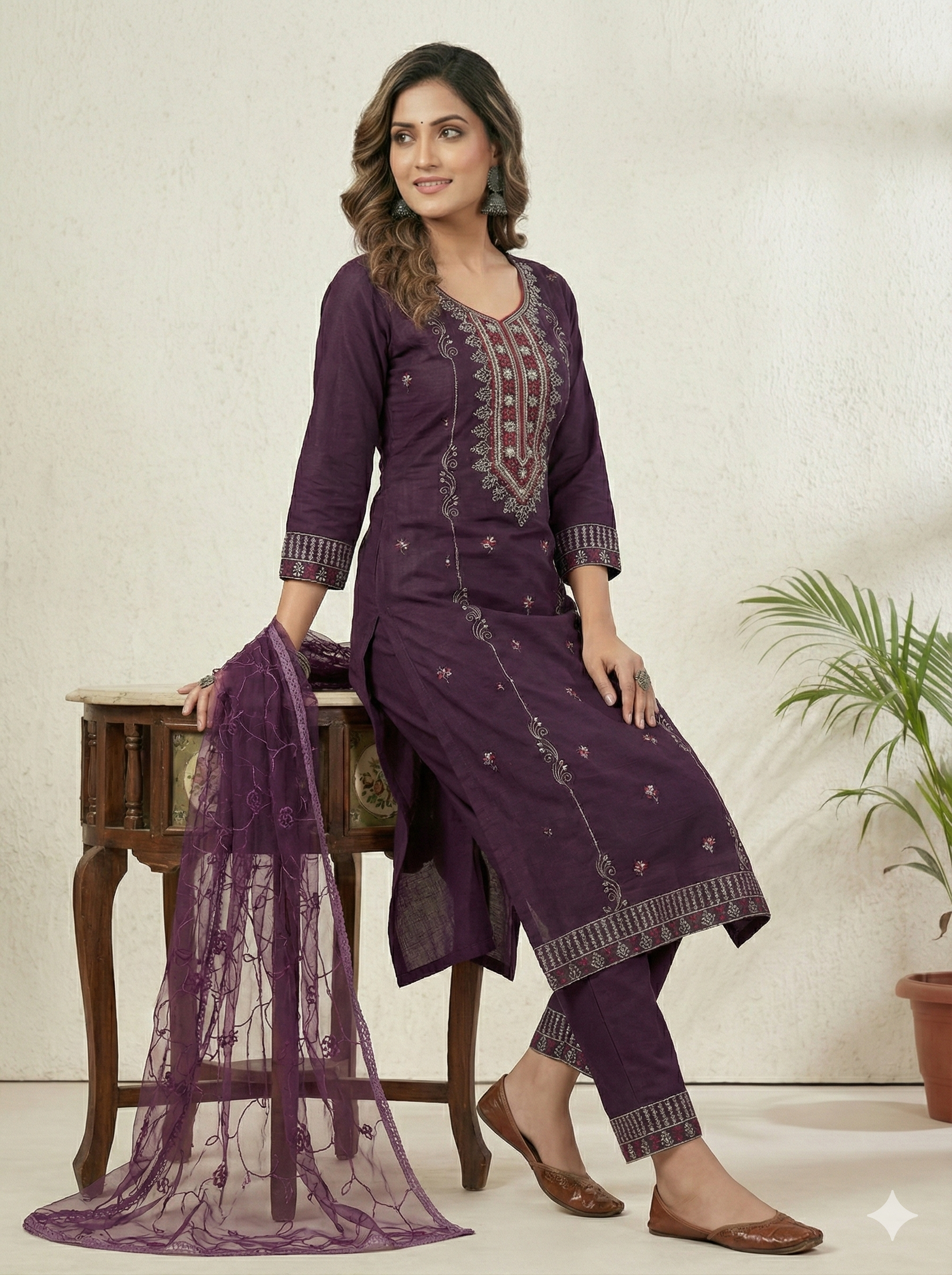 Purple 3-Piece Embroidered Kurta Set with Pant & Dupatta