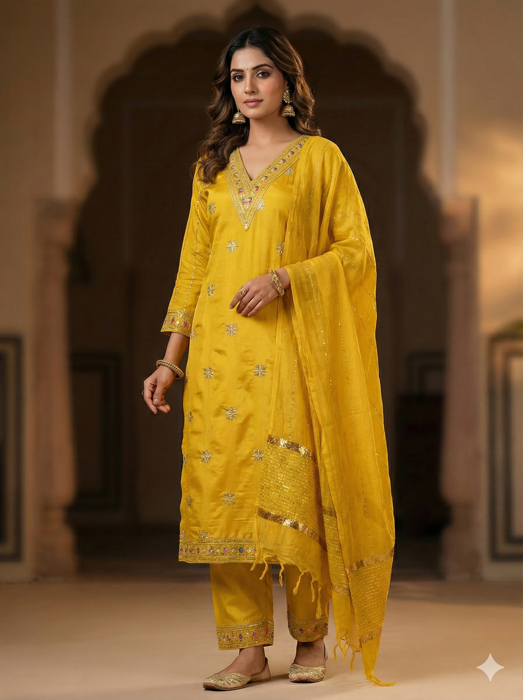 Mustard Yellow Silk 3-Piece Kurta Set with Mirror Embroidery & Dupatta