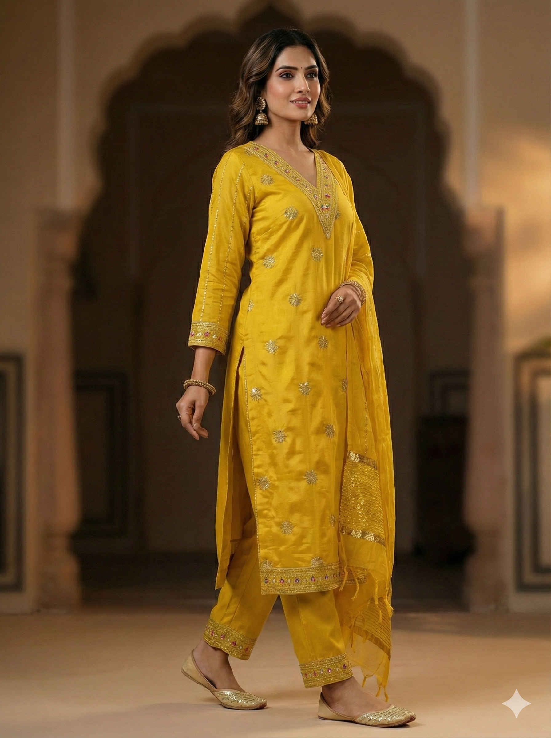 Mustard Yellow Silk 3-Piece Kurta Set with Mirror Embroidery & Dupatta