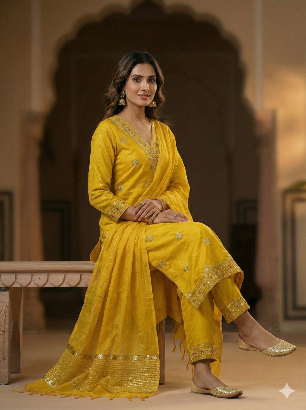 Mustard Yellow Silk 3-Piece Kurta Set with Mirror Embroidery & Dupatta
