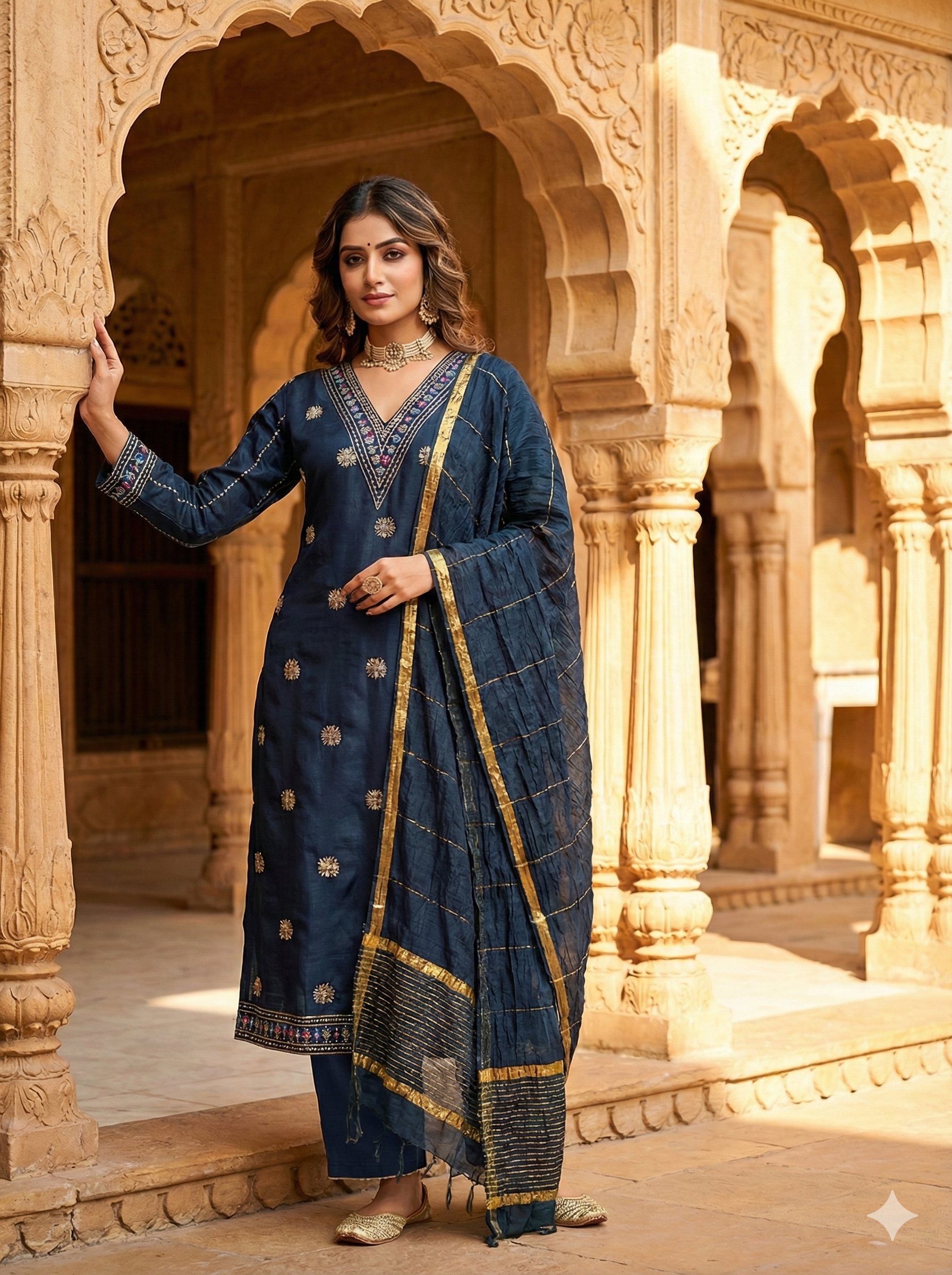Navy Blue Silk 3-Piece Kurta Set with Mirror & Thread Embroidery