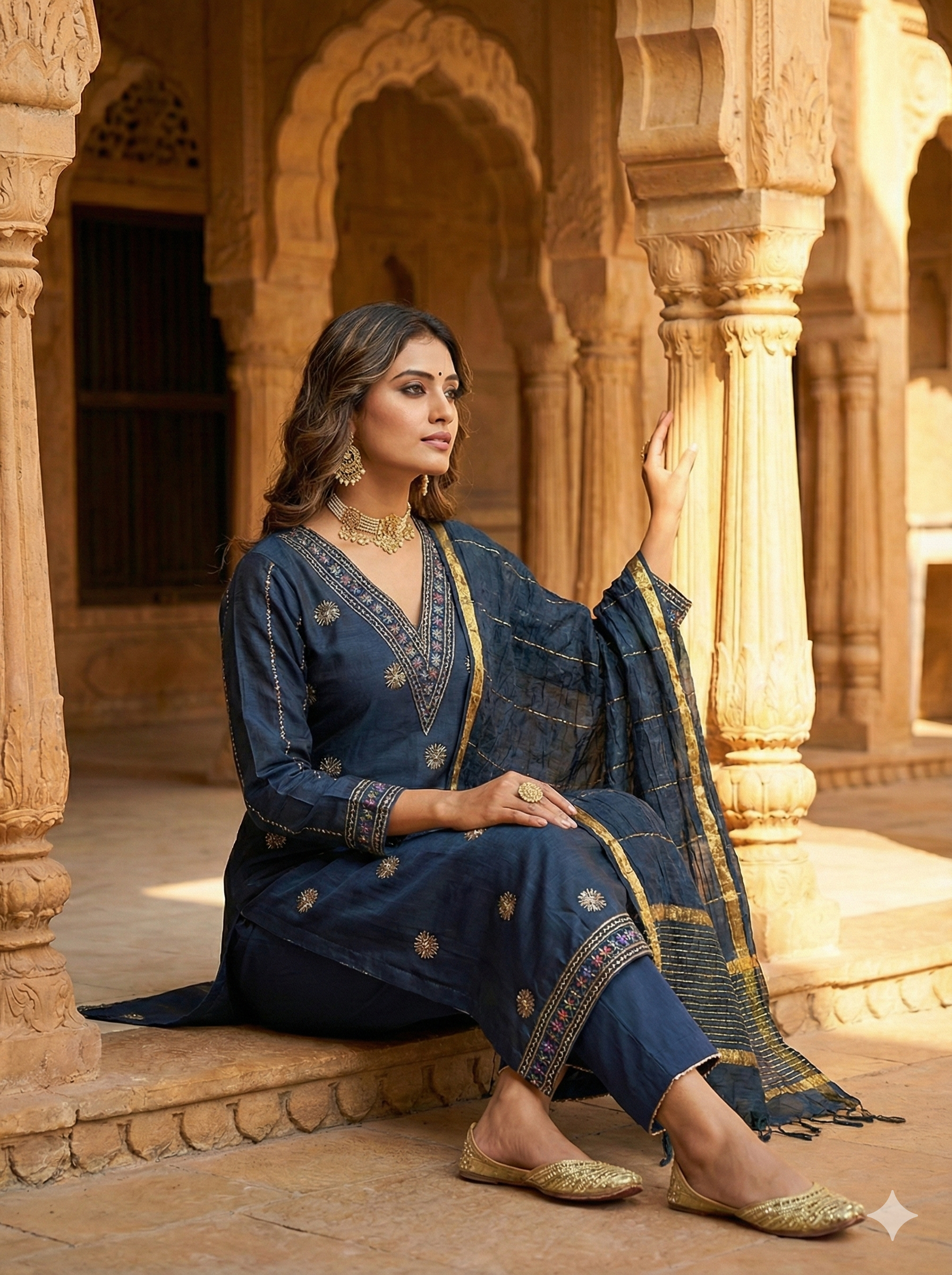 Navy Blue Silk 3-Piece Kurta Set with Mirror & Thread Embroidery