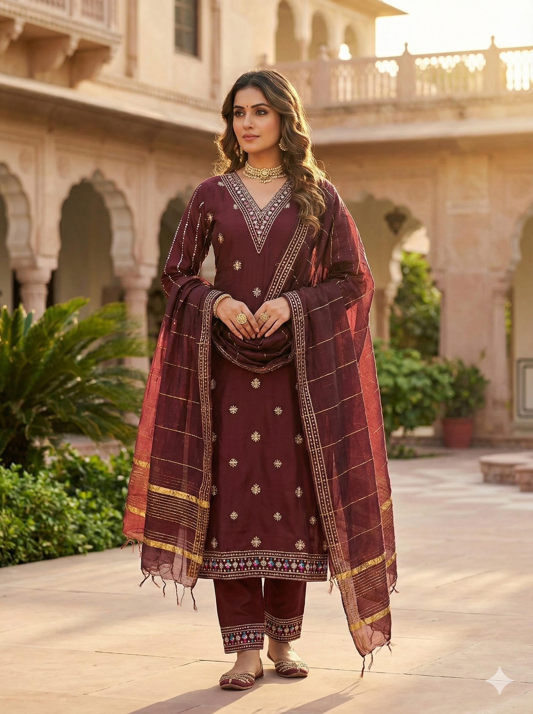 Maroon Silk 3-Piece Kurta Set with Mirror & Floral Embroidery