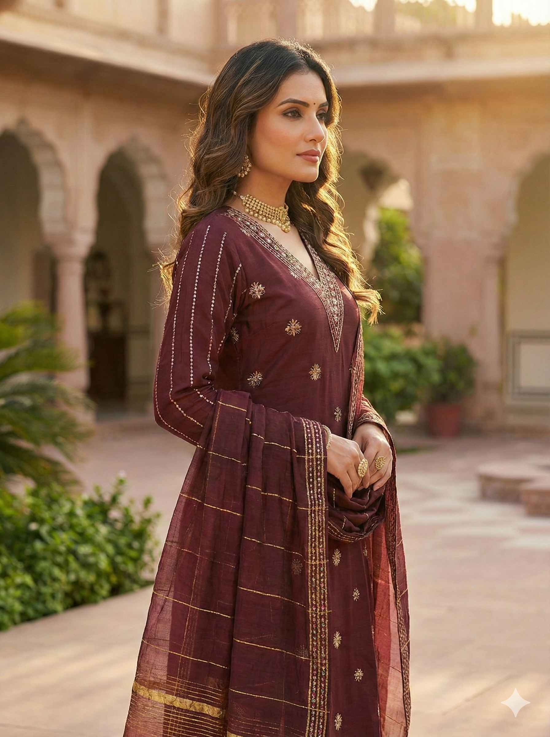 Maroon Silk 3-Piece Kurta Set with Mirror & Floral Embroidery