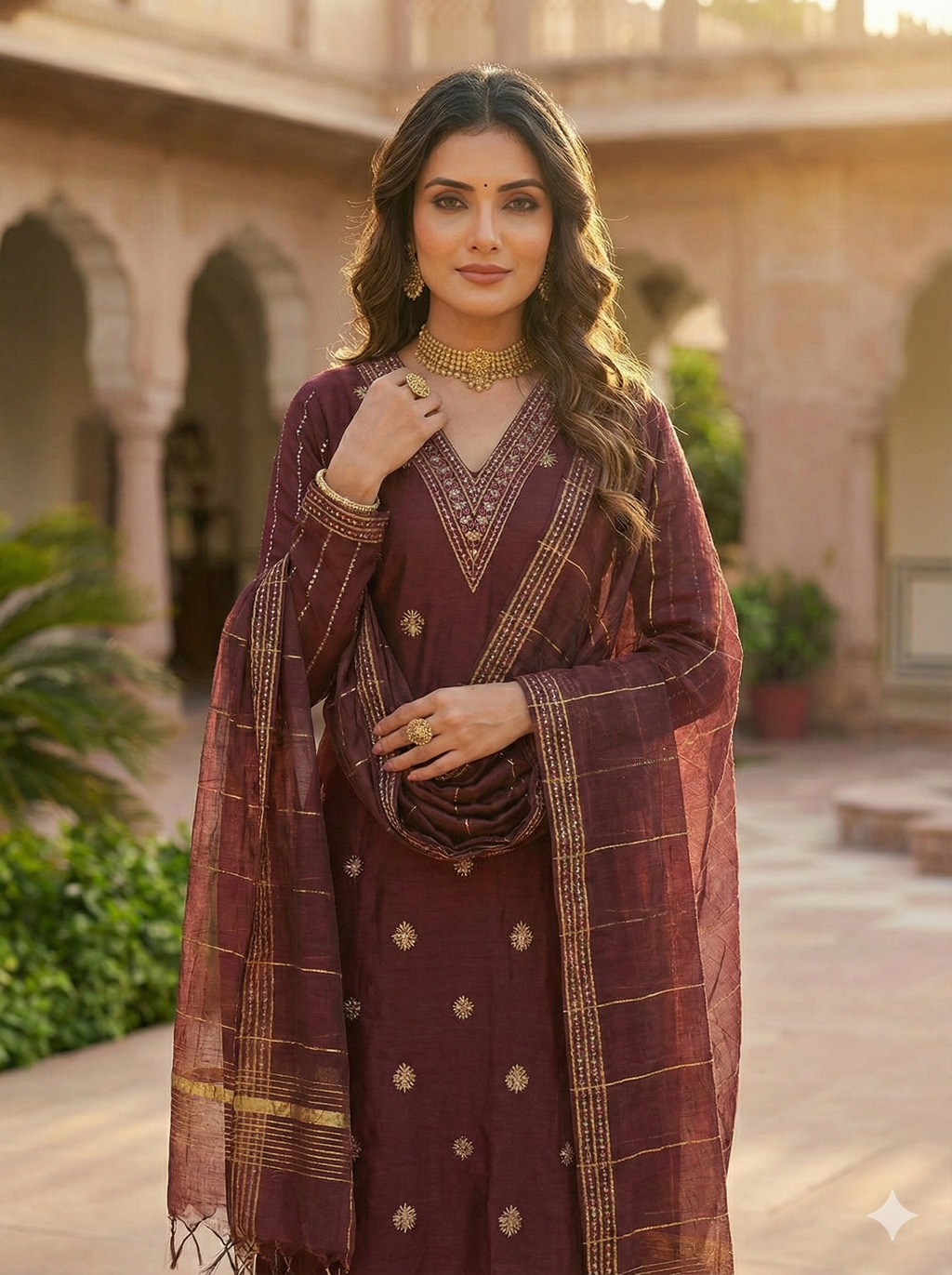 Maroon Silk 3-Piece Kurta Set with Mirror & Floral Embroidery