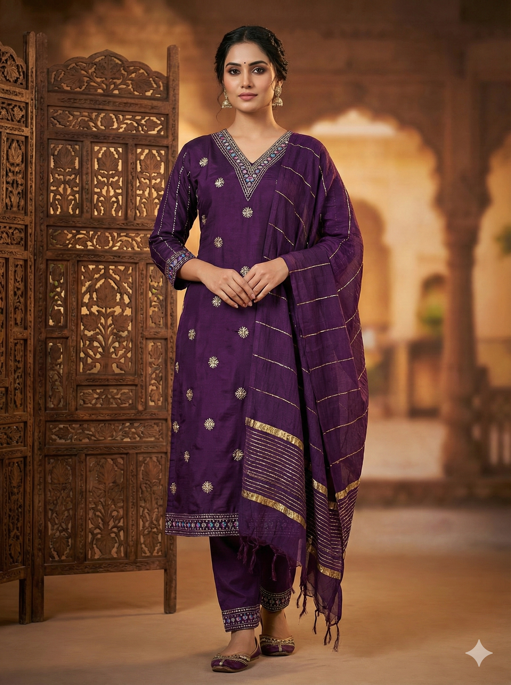 Plum Purple Silk 3-Piece Kurta Set with Mirror & Thread Embroidery
