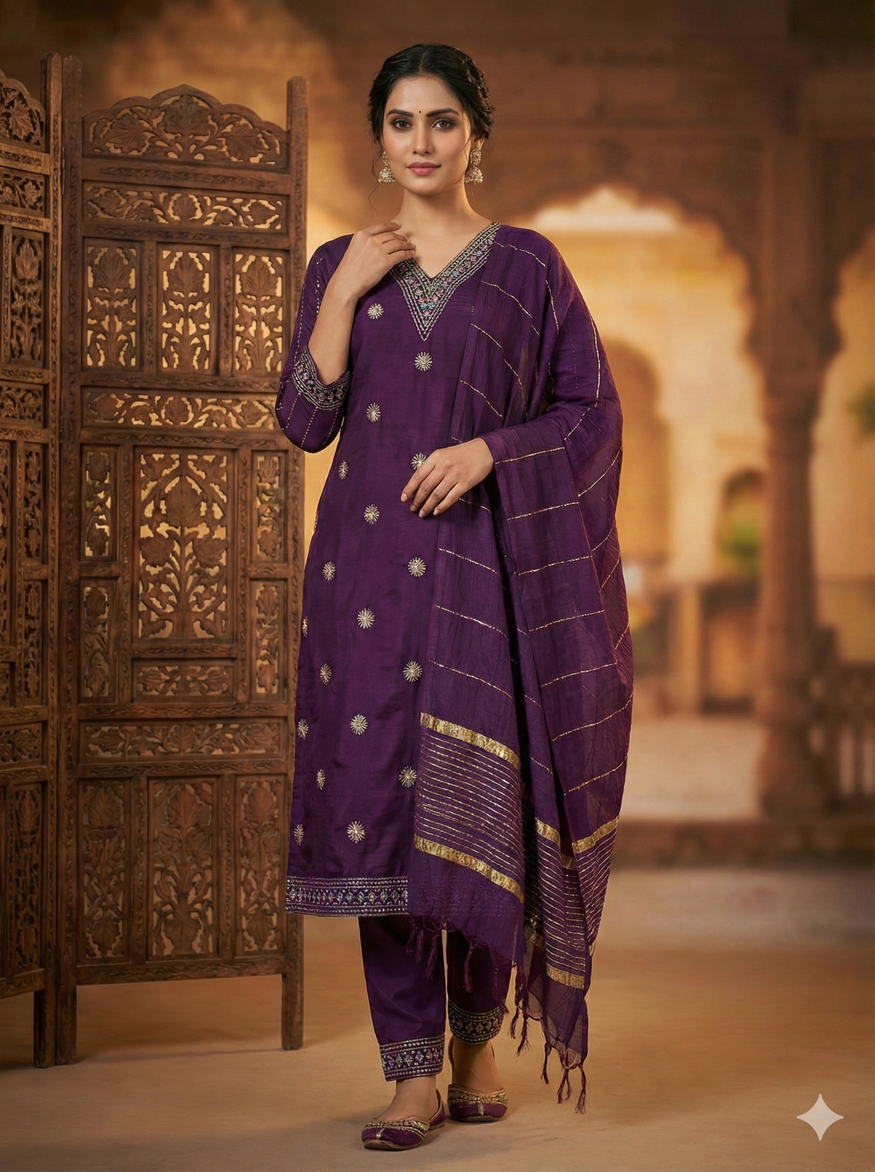 Plum Purple Silk 3-Piece Kurta Set with Mirror & Thread Embroidery