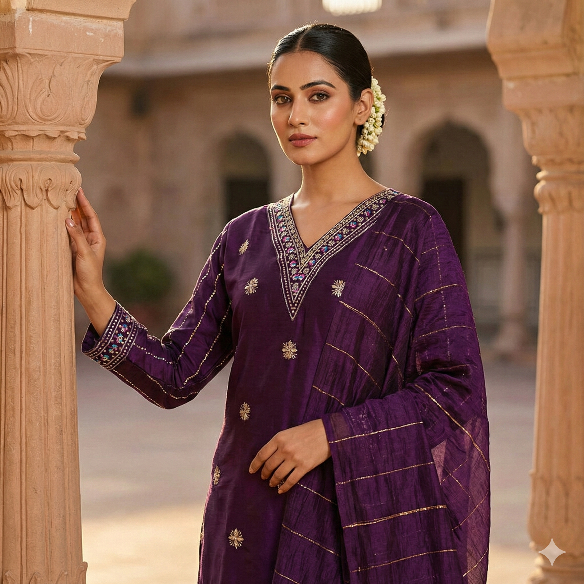 Plum Purple Silk 3-Piece Kurta Set with Mirror & Thread Embroidery