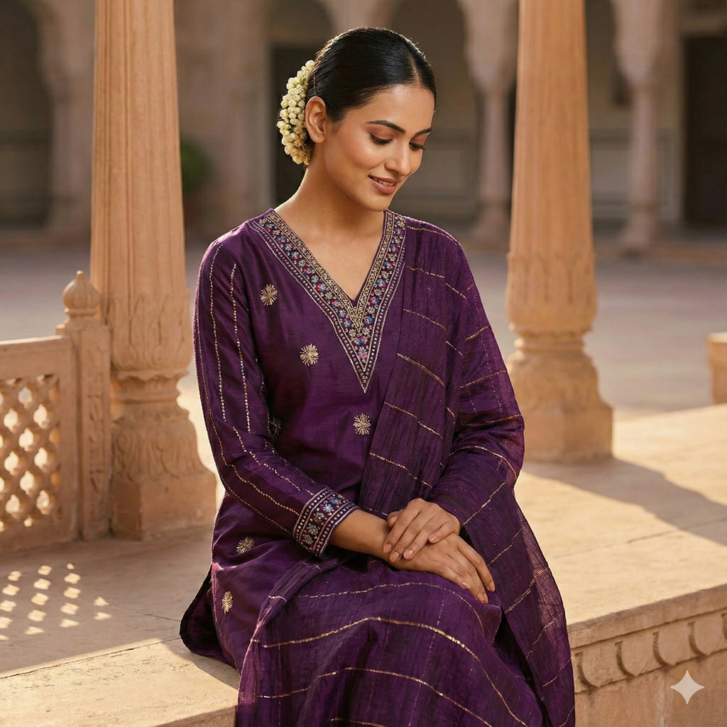 Plum Purple Silk 3-Piece Kurta Set with Mirror & Thread Embroidery