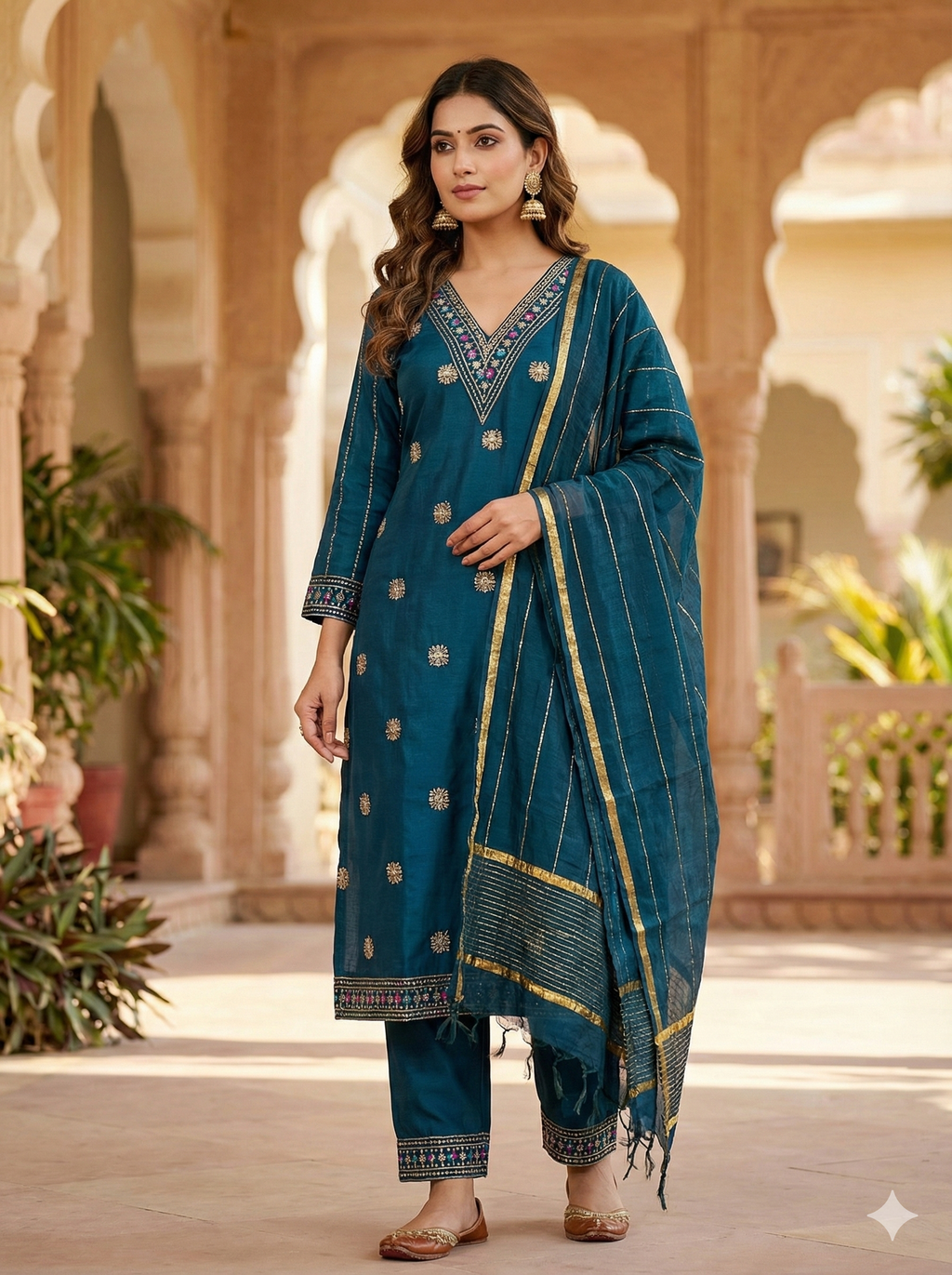 Navy Blue Silk 3-Piece Kurta Set with Mirror & Thread Embroidery