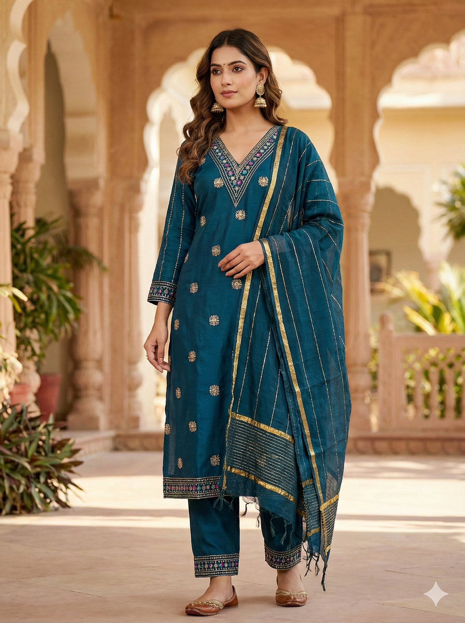 Navy Blue Silk 3-Piece Kurta Set with Mirror & Thread Embroidery
