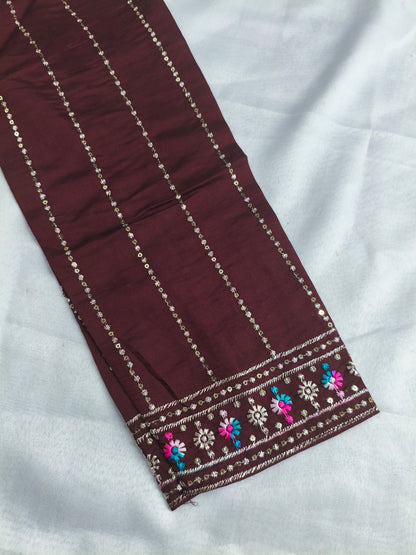 Maroon Silk 3-Piece Kurta Set with Mirror & Floral Embroidery