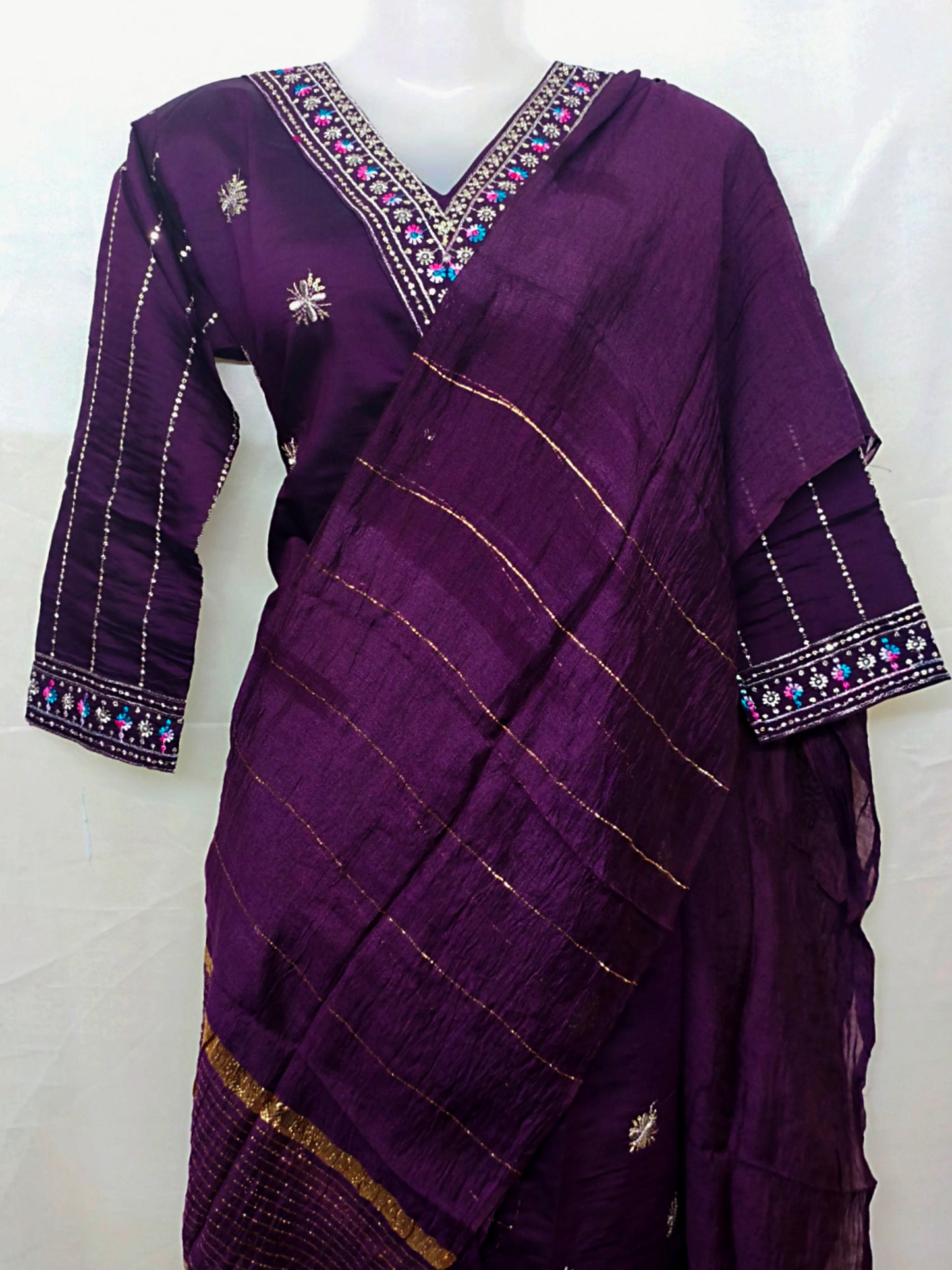 Plum Purple Silk 3-Piece Kurta Set with Mirror & Thread Embroidery