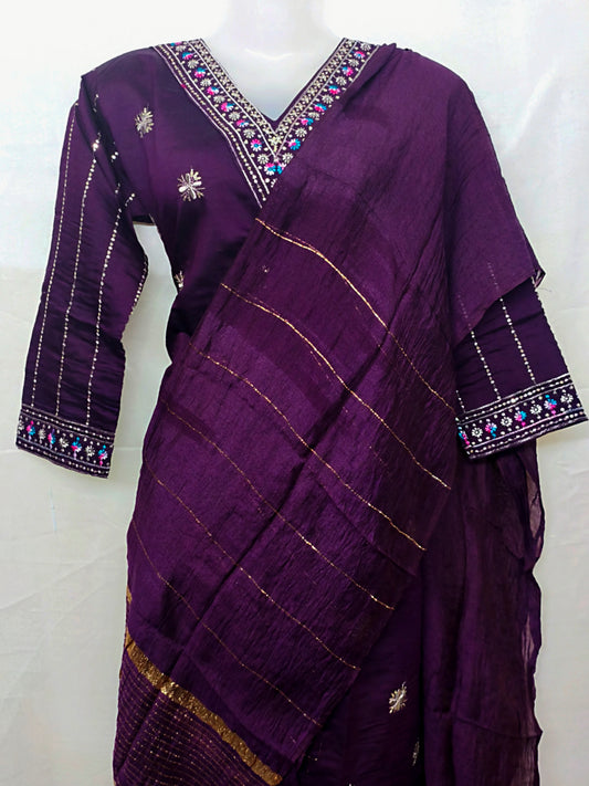 Plum Purple Silk 3-Piece Kurta Set with Mirror & Thread Embroidery