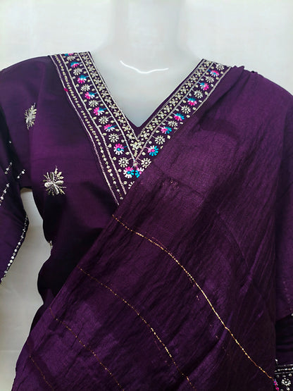 Plum Purple Silk 3-Piece Kurta Set with Mirror & Thread Embroidery