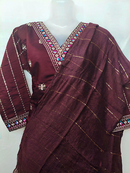 Maroon Silk 3-Piece Kurta Set with Mirror & Floral Embroidery