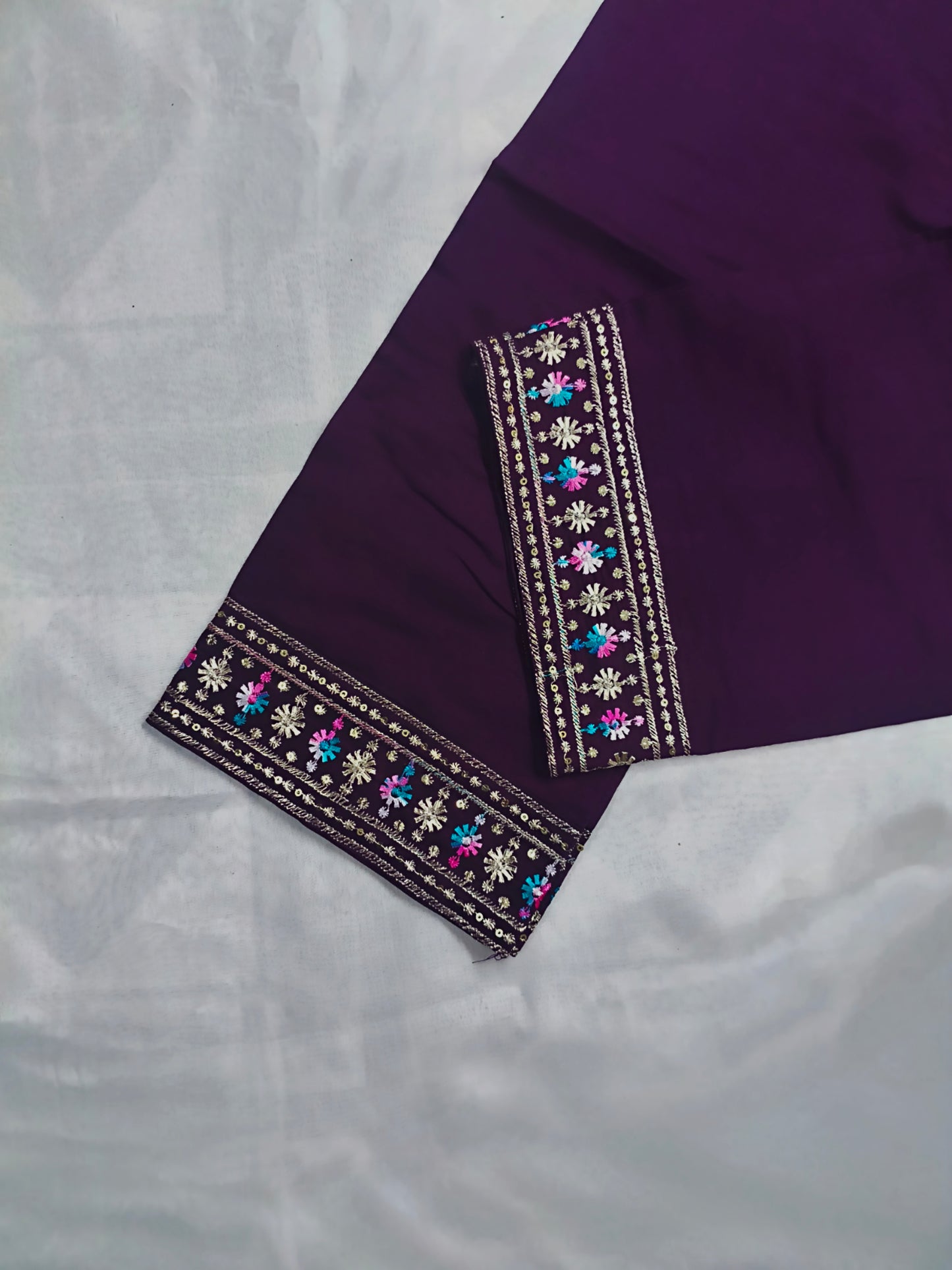 Plum Purple Silk 3-Piece Kurta Set with Mirror & Thread Embroidery