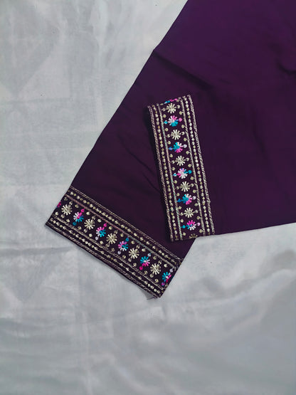 Plum Purple Silk 3-Piece Kurta Set with Mirror & Thread Embroidery
