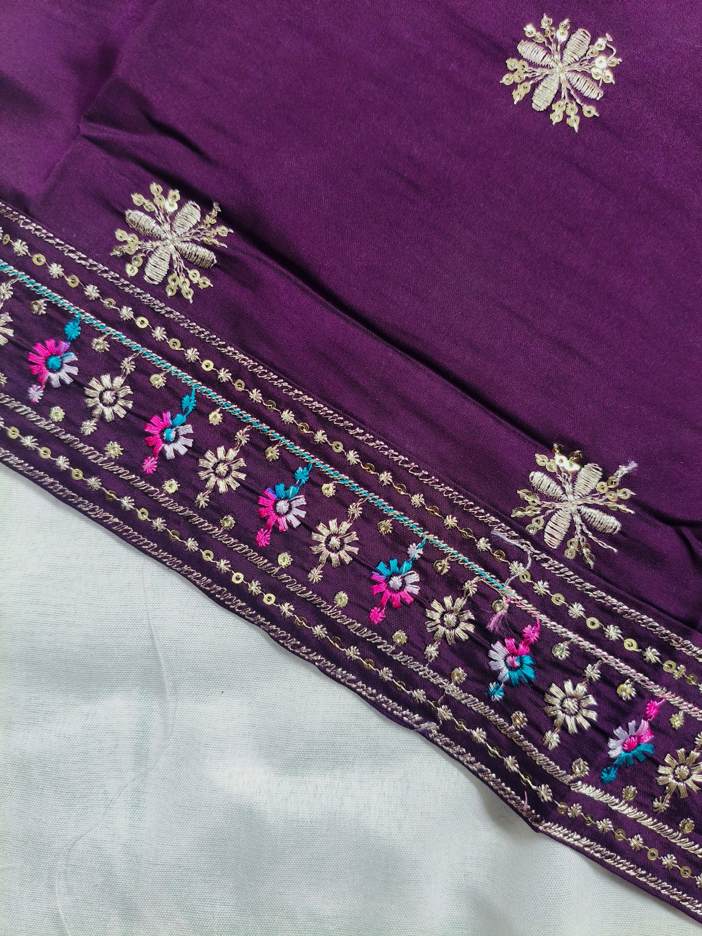 Plum Purple Silk 3-Piece Kurta Set with Mirror & Thread Embroidery