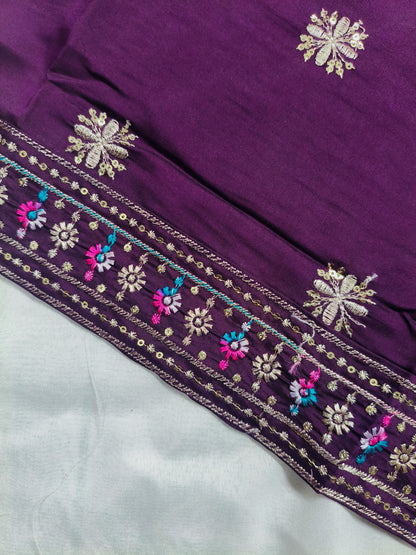 Plum Purple Silk 3-Piece Kurta Set with Mirror & Thread Embroidery