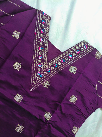 Plum Purple Silk 3-Piece Kurta Set with Mirror & Thread Embroidery