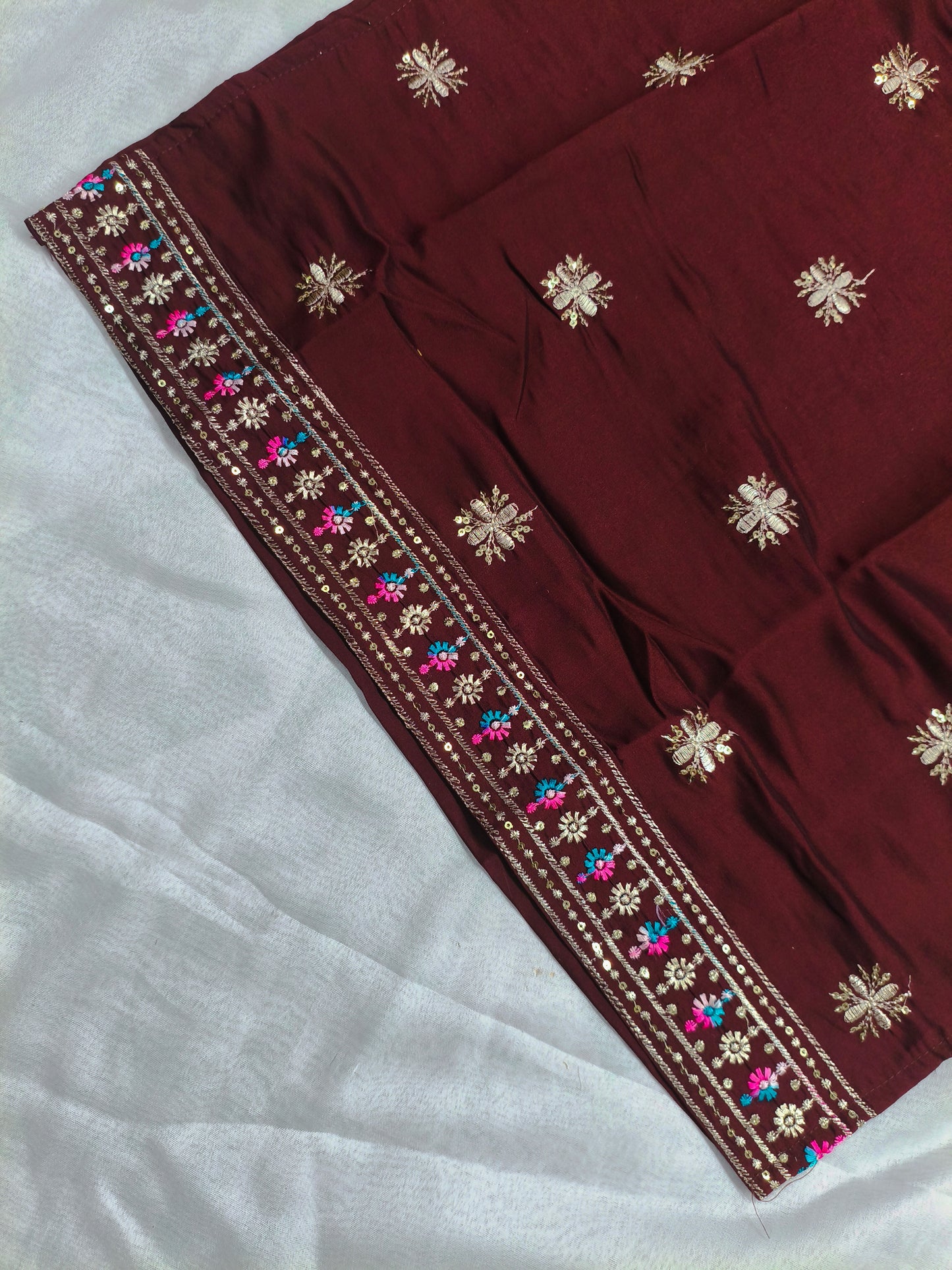 Maroon Silk 3-Piece Kurta Set with Mirror & Floral Embroidery