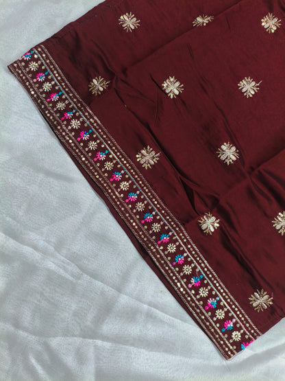 Maroon Silk 3-Piece Kurta Set with Mirror & Floral Embroidery
