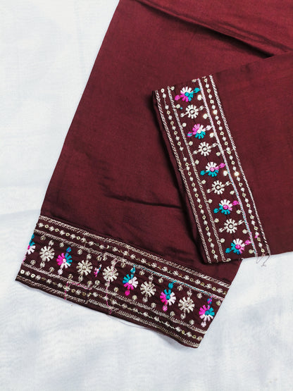 Maroon Silk 3-Piece Kurta Set with Mirror & Floral Embroidery
