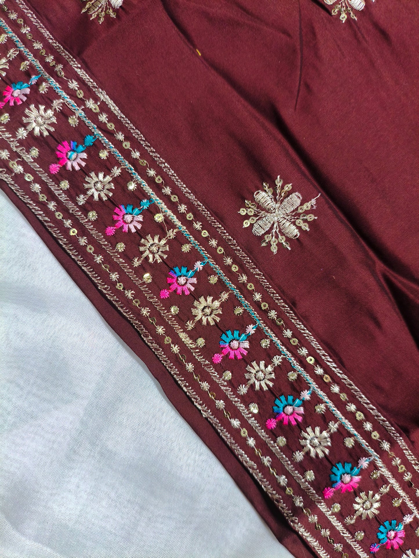 Maroon Silk 3-Piece Kurta Set with Mirror & Floral Embroidery