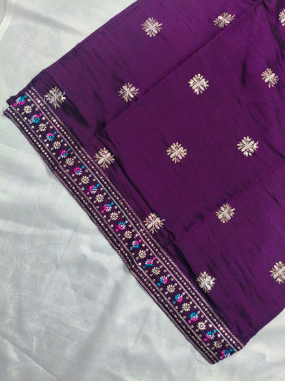 Plum Purple Silk 3-Piece Kurta Set with Mirror & Thread Embroidery