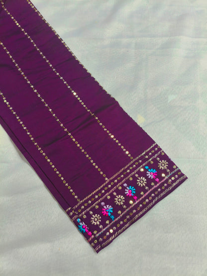 Plum Purple Silk 3-Piece Kurta Set with Mirror & Thread Embroidery