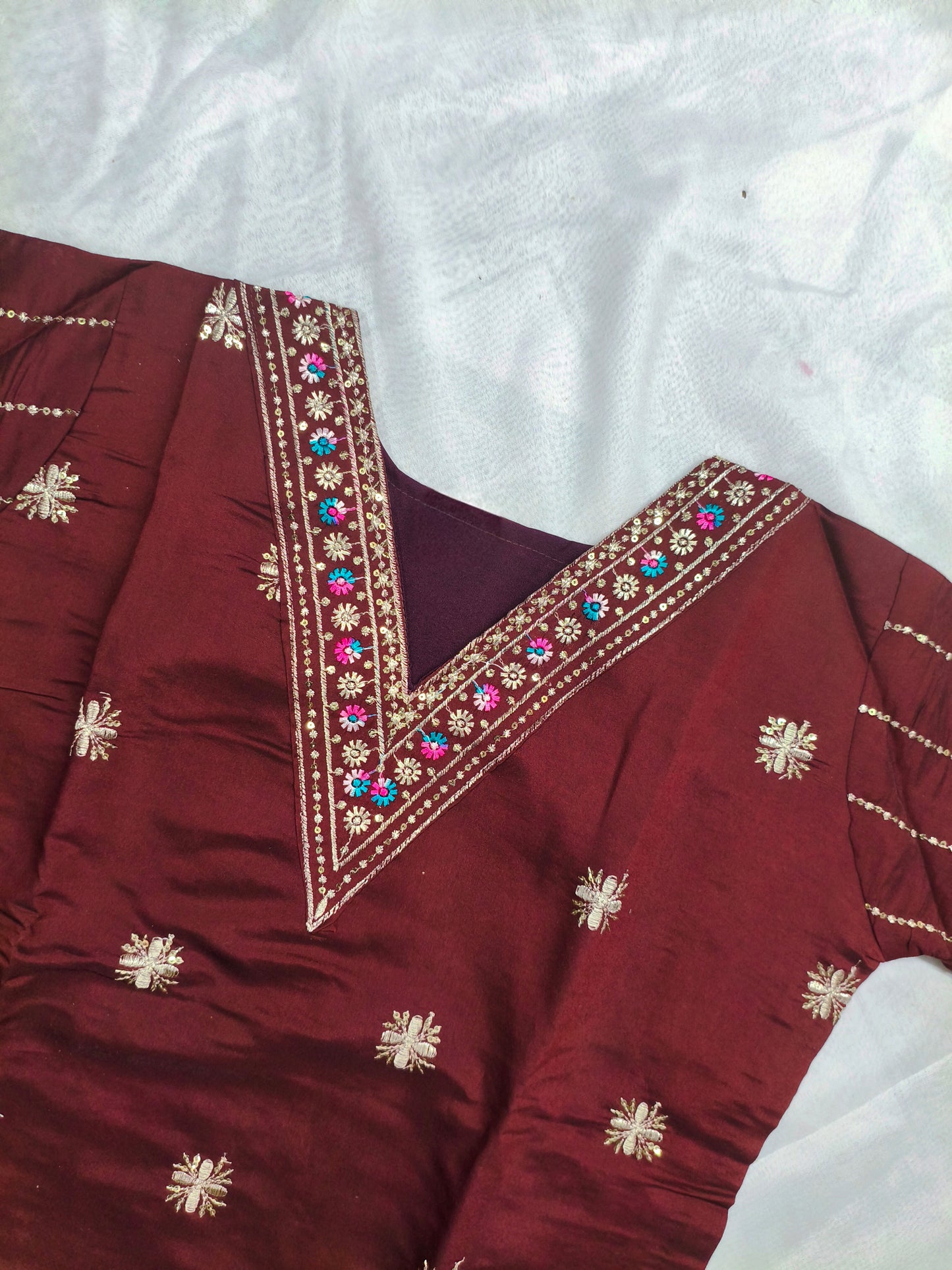 Maroon Silk 3-Piece Kurta Set with Mirror & Floral Embroidery