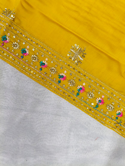Mustard Yellow Silk 3-Piece Kurta Set with Mirror Embroidery & Dupatta